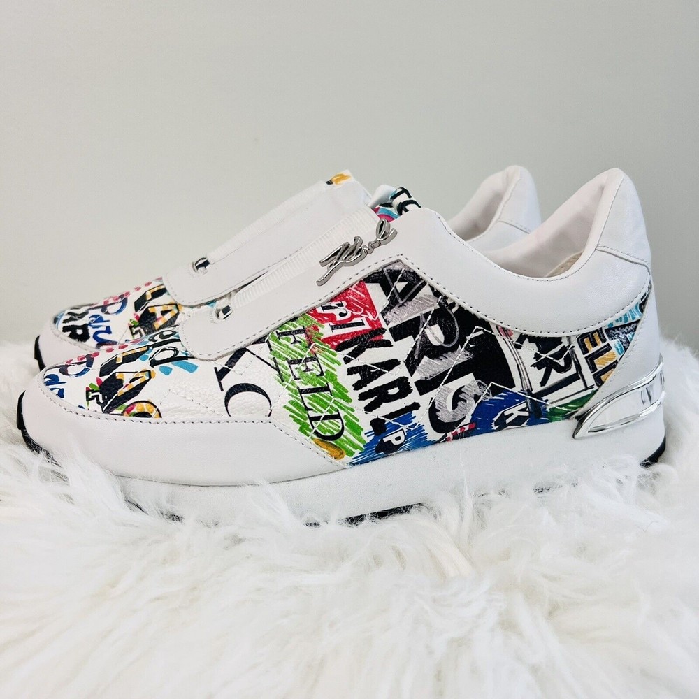 *New* KARL LAGERFELD PARIS Size 7.5 Melody White Pink Blue Gold Sneakers Shoes